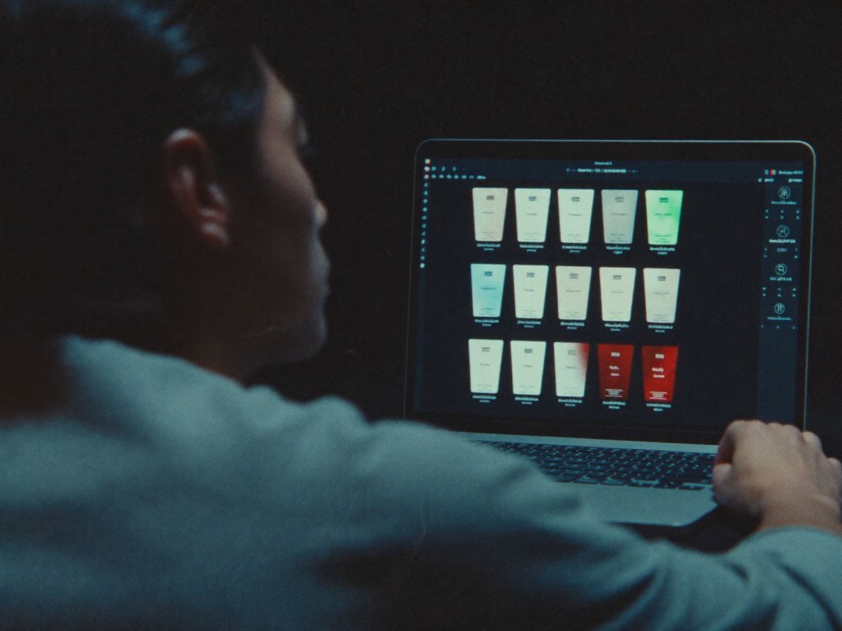 A founder at a laptop in a dark studio as an AI design tool generates product label options on screen.