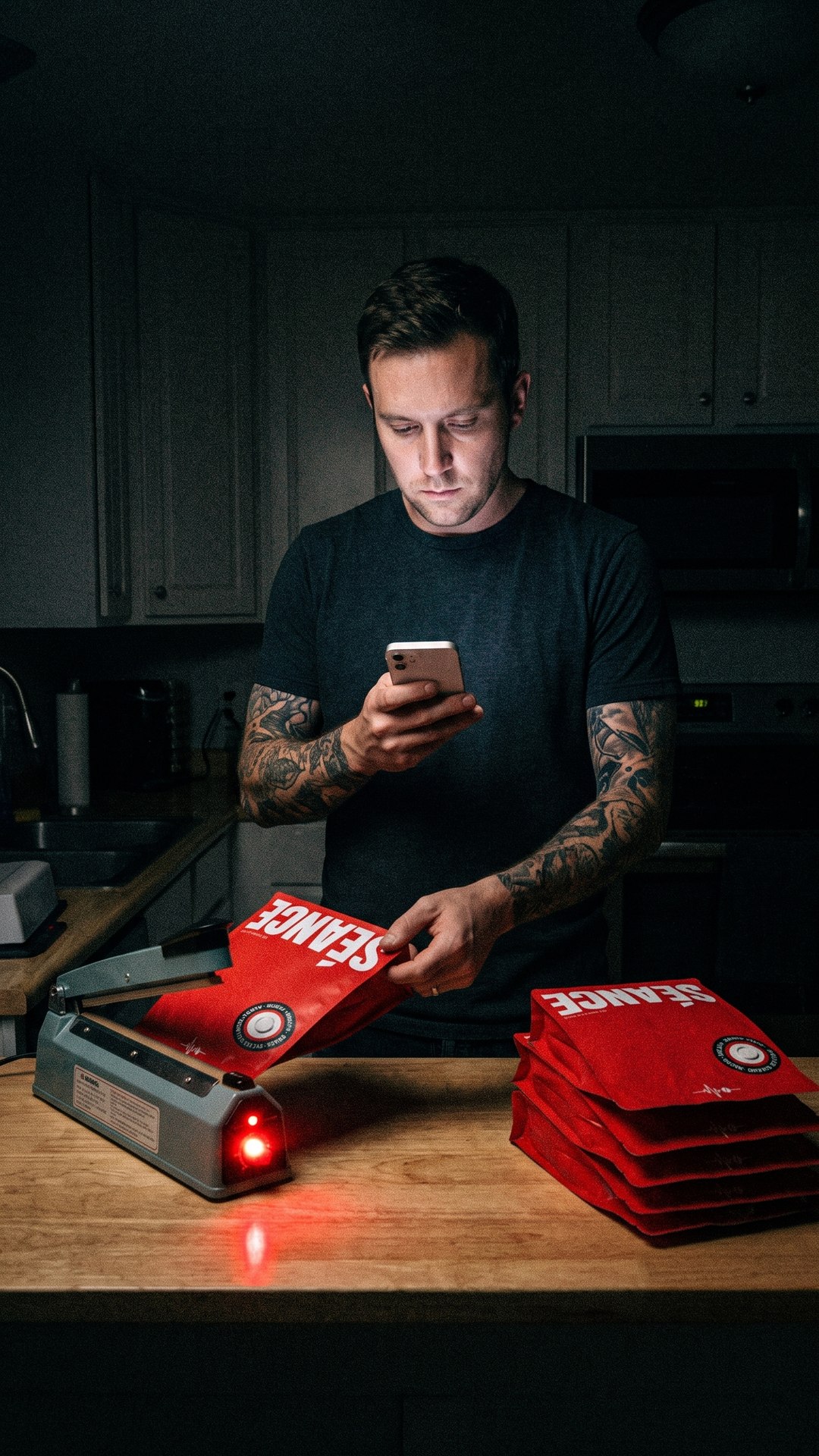 A founder pauses heat-sealing red coffee bags in a dark kitchen at night, his face lit by his phone.